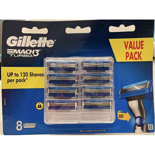 Gillette Mach3 Turbo Mens 8 Cartridges Razor Blades Value Pack
