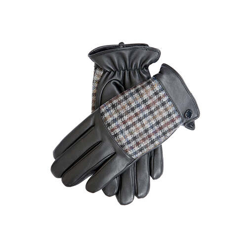 Dents Mens Faux Fur Lined Abraham Moon Dogtooth & Leather Gloves - Black/Slate