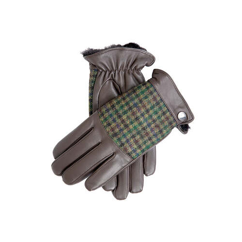 Dents Mens Faux Fur Abraham Moon Dogtooth & Leather Gloves - Brown/Forest/Green