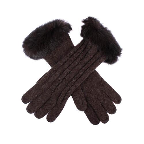 Dents Womens Cable Knit Gloves with Rabbit Fur Cuffs - Chocolate - One Size