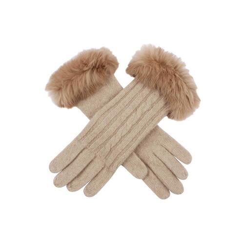 Dents Womens Cable Knit Gloves with Fur Cuffs - Oatmeal