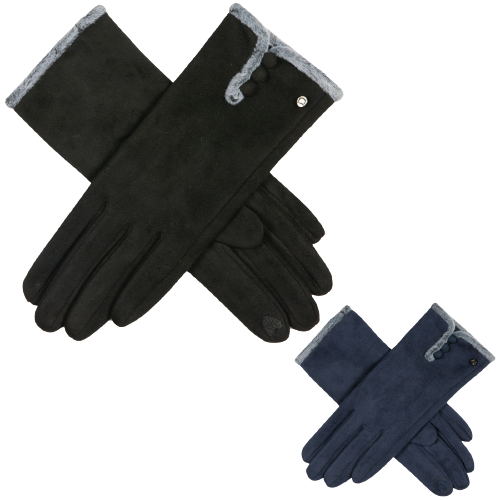 Womens Soft Feel Touchscreen Gloves with Faux Fur and Button Trim