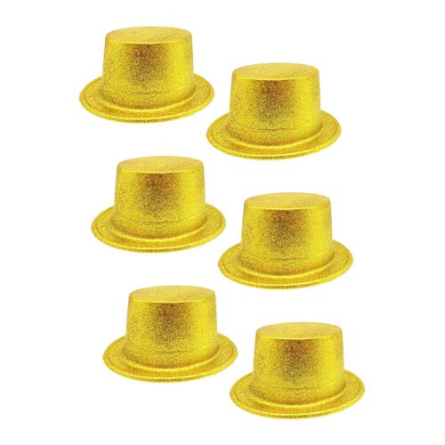 6x GLITTER TOP HAT Fancy Party Plastic Costume Tall Cap Fun Dress Up BULK - Yellow/Gold