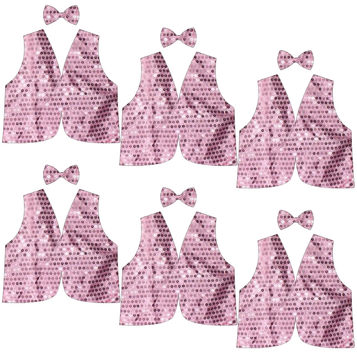 6x Kids Sequin Vest Bow Tie Set Costume 80s Party Dress Up Waistcoat - Pink
