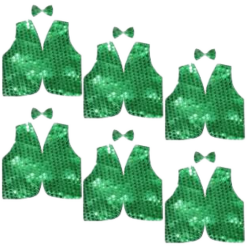 6x Kids Sequin Vest Bow Tie Set Costume 80s Party Dress Up Waistcoat - Green