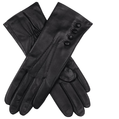 Dents Women's Touchscreen 3 Point Silk-Lined Leather Gloves with Buttons - Black