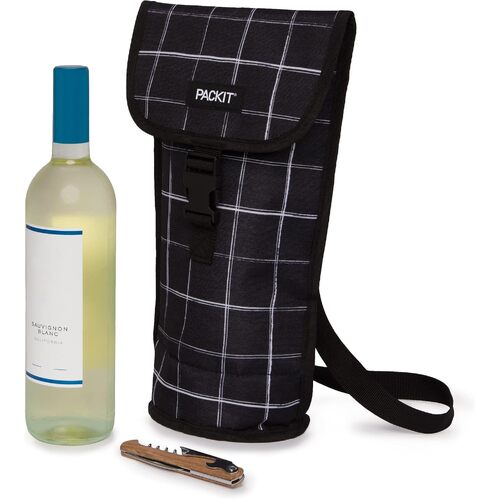 PACKIT Freezable Napa Wine Bag Cooler Carrier Insulated Portable Wine Chiller - Black Grid