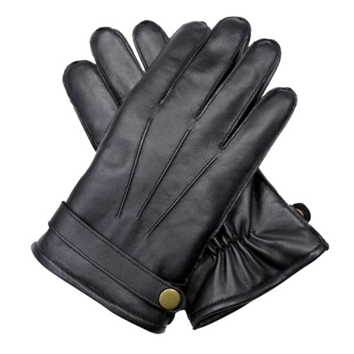 Dents Mens Wool Knit Lined Leather Gloves with Strap and Stud Warm Winter - Black