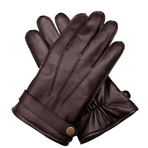 Dents Mens Wool Knit Lined Leather Gloves with Strap and Stud - Brown