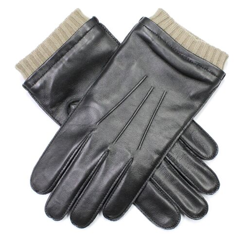 Dent's Mens Leather Gloves With 3 Point Stitch and Rib Contrast Cuff - Black