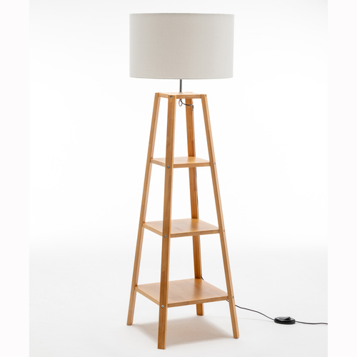 Eiffel 3 Tier Natural Wood Floor Lamp w/ Storage Shelves + Off White Linen Shade