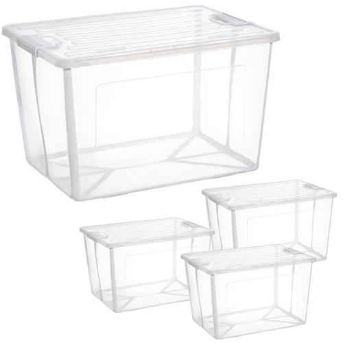4x 57 Litre Modular Clear Foldable Storage Box with Lid Plastic Tub Collapsible