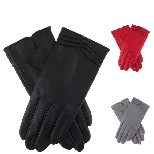Dents Womens Leather Gloves With Pleat Detail And Fine Fleece Lining