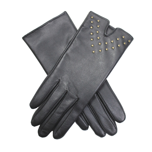 Dents Womens Leather Gloves with Gold Stud Trim - Black