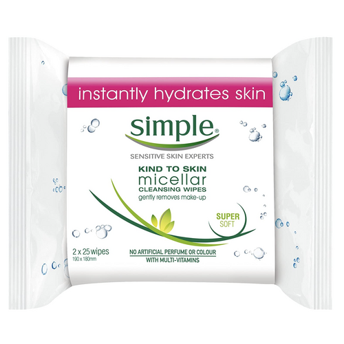 Simple Micellar Cleansing Wipes Kind To Skin Gentle Make-Up Remover-1 Pack of 25