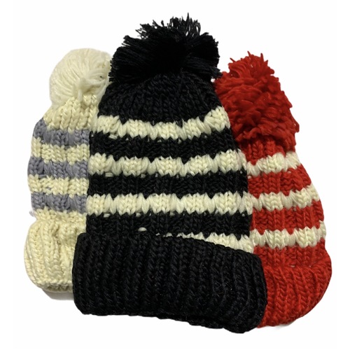 Womens Thick Knit Beanie Winter Fleece Lined Hat Warm Faux Fur Pom Striped Ski