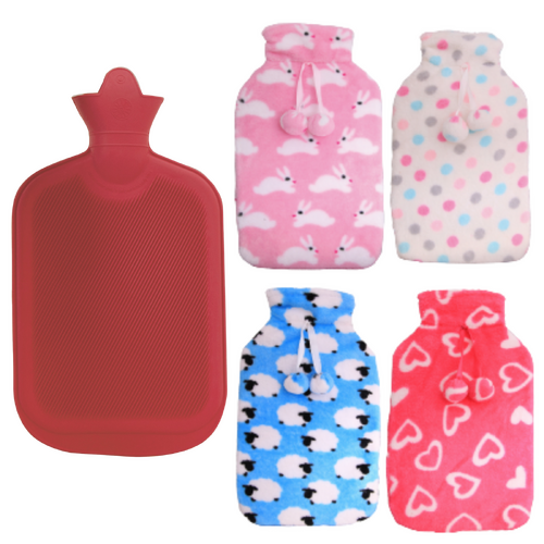 2L HOT WATER BOTTLE with Coral Fleece Cover Winter Warm Natural Rubber Bag