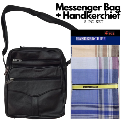 5pc Set Mens 100% Cotton Handkerchief + Genuine Leather Messenger Shoulder Bag