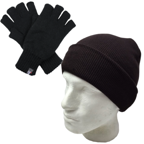 2Pcs Set Dents Thinsulate Knitted Fingerless Gloves + Plain Beanie Hat Winter Warm New