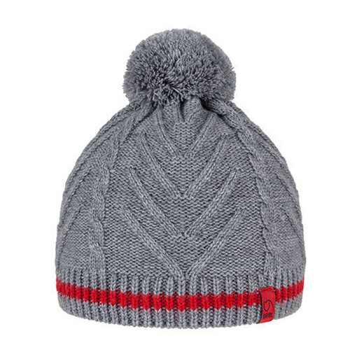 BRBL Merino Wool Blend Pull On BEANIE Hat Knitted Pom Pom - Grey/Red - S