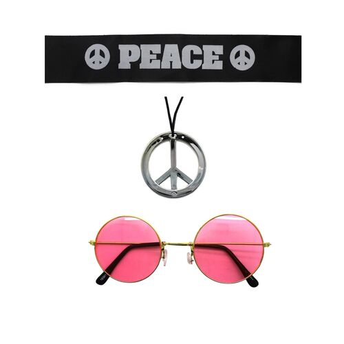 Hippie Kit Set Headband Glasses Pendant Peace Sign Necklace 60s 70s Costume