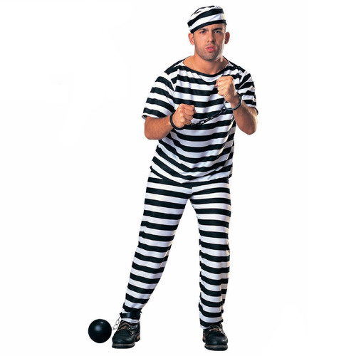 PRISONER COSTUME Halloween Jail Convict Adult Outfit Black White Short Sleeve
