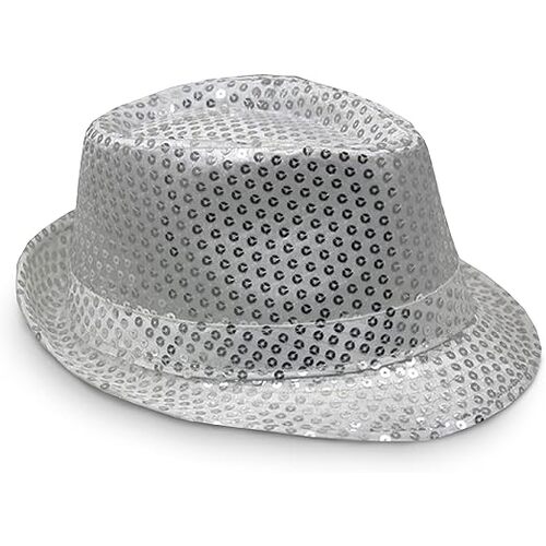 SEQUIN HAT Trilby Fedora Glitter Cap Costume Dance Party - Silver