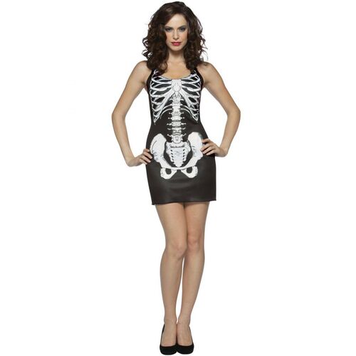 Womens SKELETON COSTUME Halloween Bones Tank Dress Black White Party