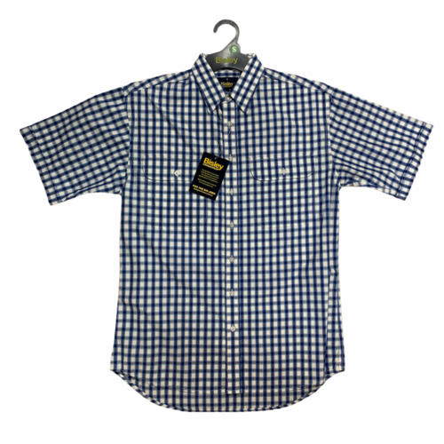 Bisley Mens Short Sleeve Check Shirt Checkered Cotton Blend Casual Business Work - Blue