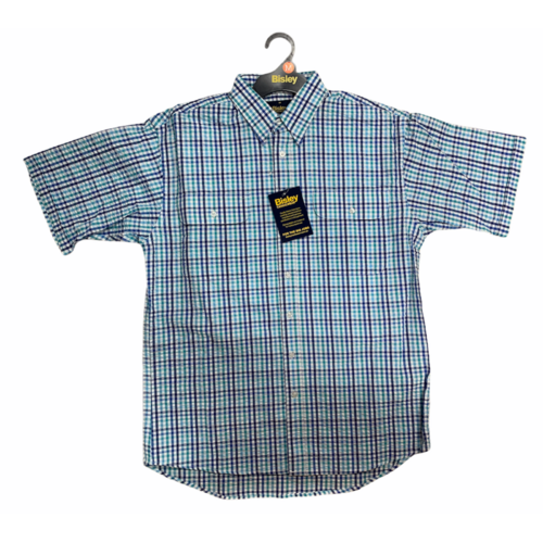 Bisley Mens Short Sleeve Seersucker Check Shirt Checkered Cotton Blend Casual Business Work - Green