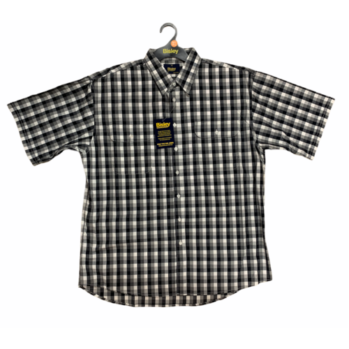 Bisley Mens Short Sleeve Shirt Checkered Cotton Blend Casual Business Work - Grey