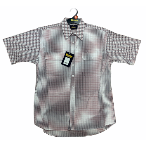 Bisley Mens Short Sleeve Check Shirt Checkered Cotton Blend Casual Business Work - Burgundy