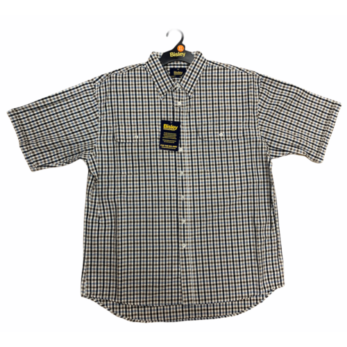 Bisley Mens Short Sleeve Seersucker Shirt Checkered Cotton Blend Casual Business Work - Stone