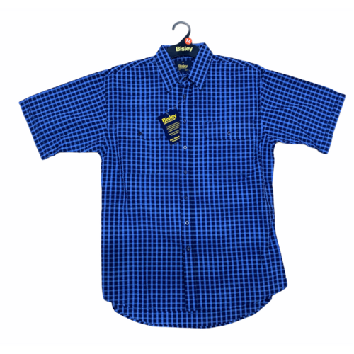 Bisley Mens Short Sleeve Seersucker Shirt Checkered Cotton Blend Casual Business Work - Blue