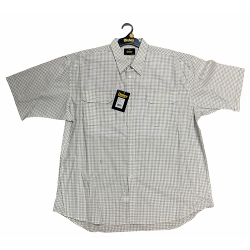 Bisley Mens Short Sleeve Check Shirt Checkered 100% Cotton Casual Business Work - Dark White