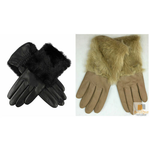 DENTS Womens Hair Sheep Leather Gloves Faux Fur Piped Cuff Elasticised 7-2383