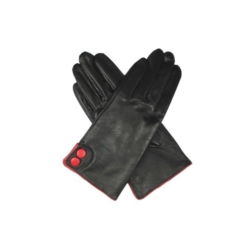 DENTS Ladies Kangaroo Leather Gloves Button Cuff Silk Lining - Black/Red