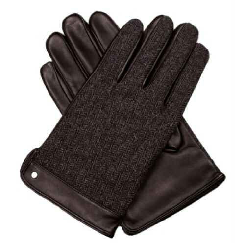 Dents Leather Wool Gloves Fleece Lined Warm  Mens Winter Herringbone - Brown