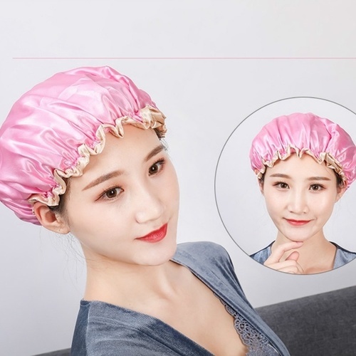 Womens Double-Layer Waterproof Shower Cap Reusable Hat Bath Hair Treatment