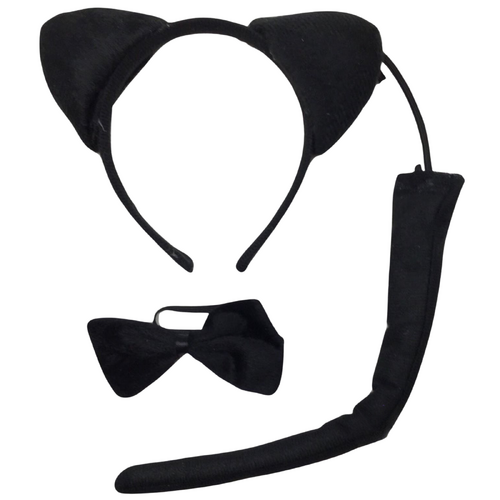 BLACK CAT EARS HEADBAND w Bow Tail Animal Costume Halloween Party Hair Accessory