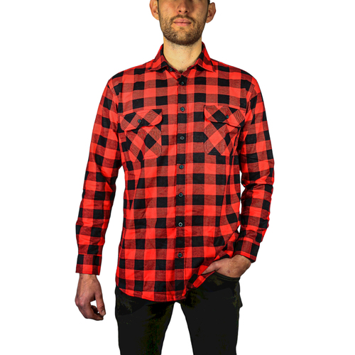Mens 100% Cotton Flannelette Shirt Long Sleeve Check Authentic Flannel - Red/Black