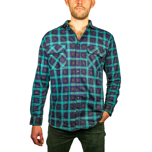 Mens 100% Cotton Flannelette Shirt Long Sleeve Check Authentic Flannel - Green/Navy