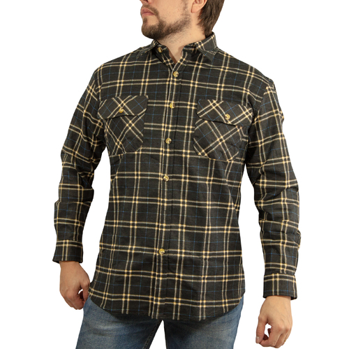 Mens Long Sleeve Flannelette Shirt 100% Cotton Flannel - Black Check