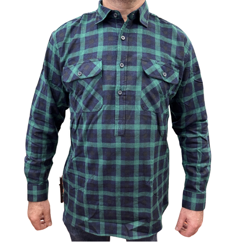 Mens Flannelette Long Sleeve Pullover Shirt 100% Cotton Flannel - Half Placket - Green/Navy