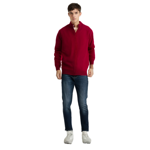Full Zip 100% SHETLAND WOOL Up Knit JUMPER Pullover Mens Sweater Knitted - Red