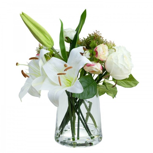 28cm Peony & Lily Arrangement in Glass Faux Artificial Flowers Bunch Fake Floral