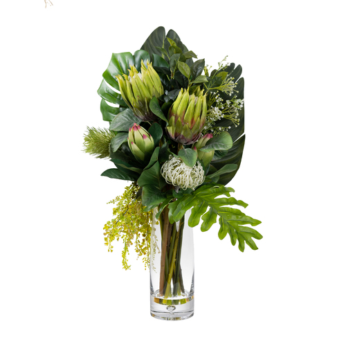 70cm Protea & Banksia Arrangement in Glass Vase Artificial Plant Flower Tree Fake