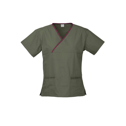 Contrast Womens V-Neck Scrubs Top Ladies Hospital Dentist Nurse Uniform - Sage/Maroon