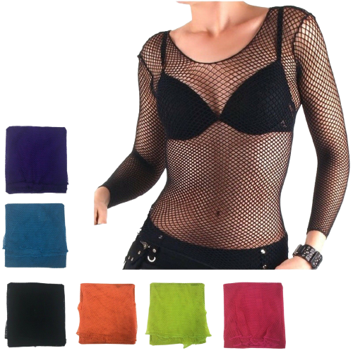 LONG SLEEVE FISHNET TOP Blouse T Shirt Tee Costume Party See Through