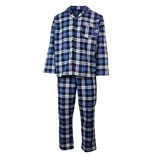 Mens Flannelette Pyjama Set Sleepwear Soft 100% Cotton PJs Two Piece - Blue/Multi Check